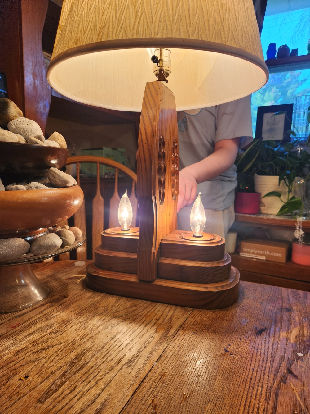 Wooden Table Lamp with Beige Shade - Classic Brown Home Accent